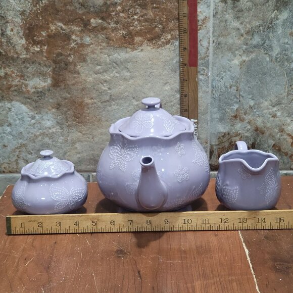 Temptations Lavendar Lilac Tea Set Teapot Sugar Bowl Creamer Embossed Butterfly - Picture 9 of 15